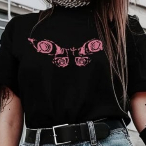 Crancious Butterflies Black and Pink Graphic T-Shirt Size XXL - Picture 2 of 10